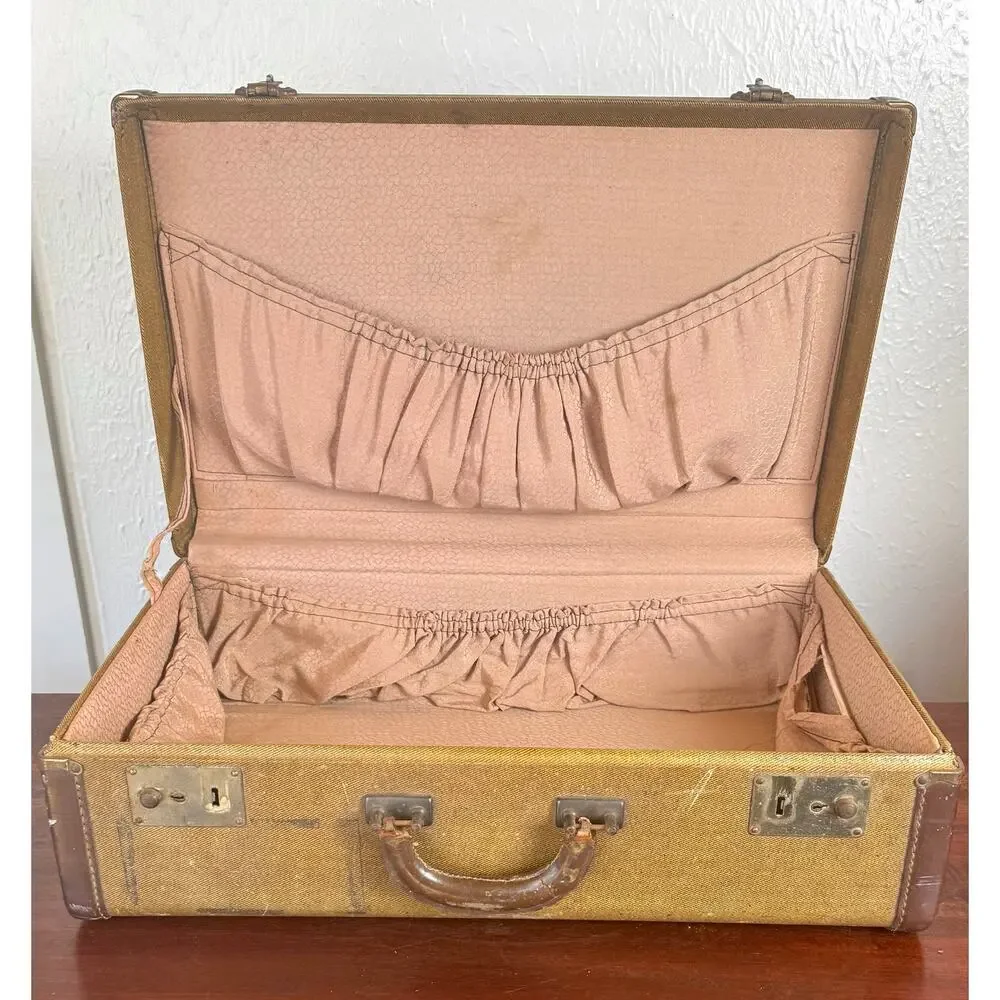 Brown Tweed Hard Sided Suitcase Ruched Interior Vintage Luggage